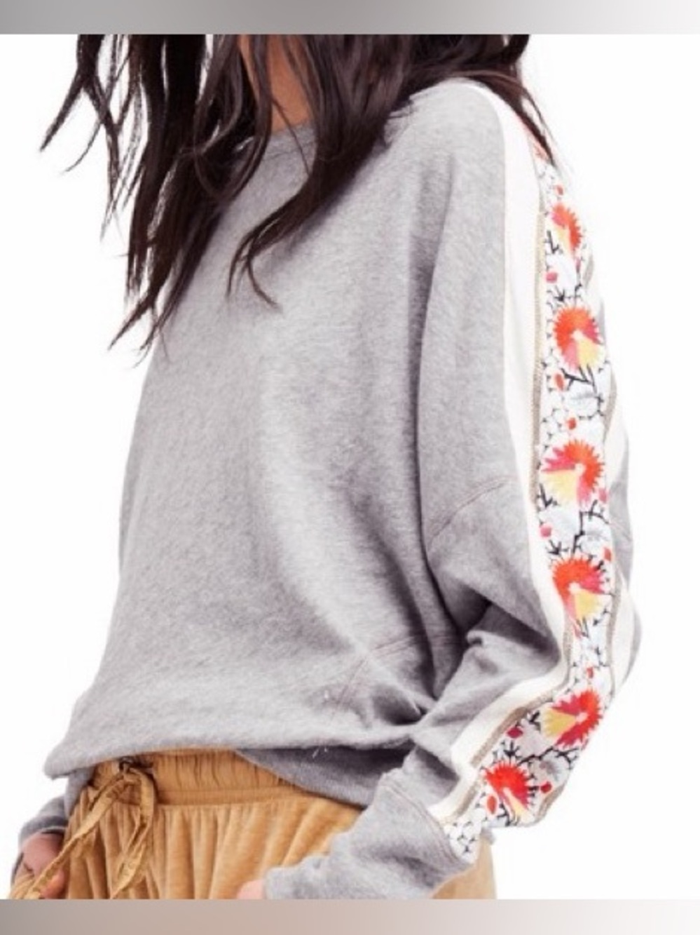 Free people embroidered embellished flower sleeve grey long sleeve top